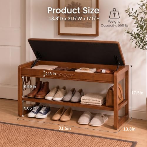 Shoe-Storage-Bench-Shoe-Rack-Bench-with-Storage-2-Tier-Wooden-Shoe-Rack-Solid-wood-shoe-bench-flip-top-storage-cushioned-seat-weight-capacity-of-550-lb-side-hooks-walnut-finish-315-W