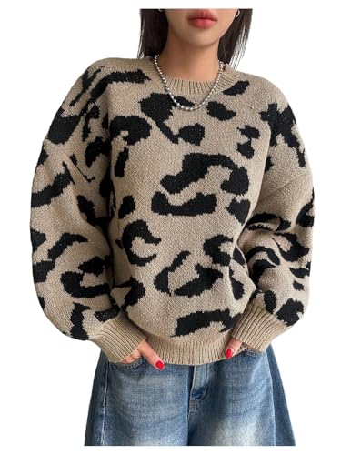 GORGLITTER Women's Leopard Print Sweaters Fall Sweater 2025 Vintage Cheetah Long Sleeve Knit Crewneck Pullover Top