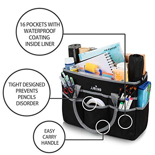Image of JJRING Large Multi-Functional Carrying Bag, 600D Nylon Artist Tote Bag with 16 Pockets Caddy for Art, Craft, Sewing, Make-up or School, Medical, Office Supplies Organizer, Silver