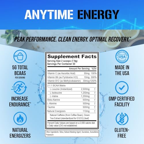 Image of EVL BCAAs Amino Acids Powder - Rehydrating BCAA Powder Post Workout Recovery Drink with Natural Caffeine - BCAA Energy Pre Workout Powder for Muscle Recovery Lean Growth and Endurance - Unflavored