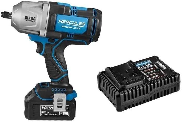 Fits HERCULES 20V Brushless Cordless 1/2 in Ultra Torque Impact Wrench Kit with 5 Ah Battery & Charger, 1500 ft-lbs Bolt Breakaway, 1000 ft-lbs Fastening Torque, Var. Speed Trigger, LED Light