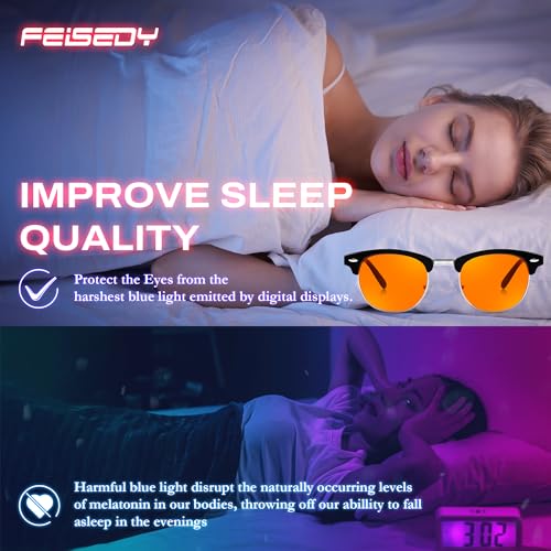 Image of FEISEDY Orange Blue Light Blocking Glasses for Woman Men Amber Lenses Computer Gaming Glasses for Better Sleep