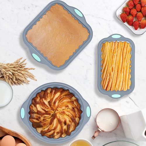 To encounter 65 Pieces Silicone Baking Pans Set, Metal Framed Silicone Tube Cake Pans, Nonstick Fluted Loaf Pans for Muffin, Cake, Bread, with Measuring Cups and Spoons Set, Light Grey - Thumbnail 7