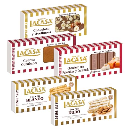 Surtido Turrones Lacasa: 5 tabletas de turrón variadas: Blando, Duro, Chocolate con palomitas y caramelo, Chocolate y avellanas y Crema catalana