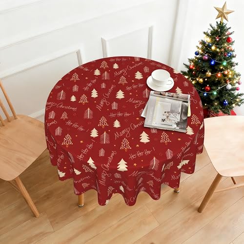 Image of Merry Christmas Round Tablecloth 60 Inch Ho Ho Ho Red with Xmas Trees Table Cover Waterproof Wipeable for Winter Home Kitchen Restaurant Parties Holiday Decor