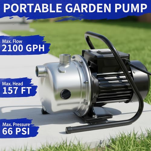 Image of LANCHEZ 1.2 HP Shallow Well Pump, 2100 GPH Stainless Steel Garden Irrigation Pump, 115V Water Transfer Pump, Water Booster Jet Pump for Home Garden Lawn Farm, Black silver