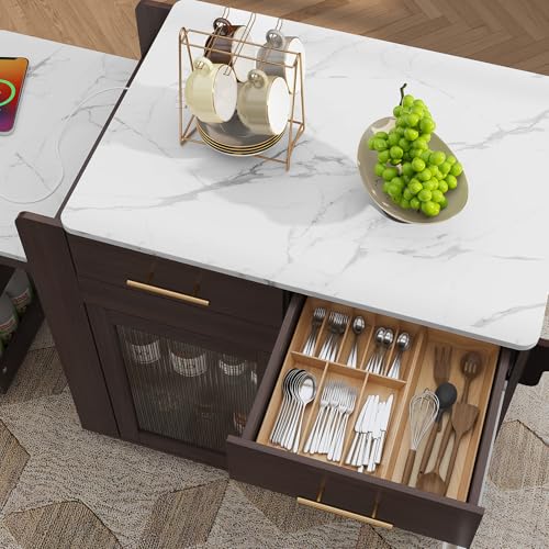Image of HLR 72 inch Extendable Rolling Kitchen Island with Storage, Island Table on Wheels with Marble Grain Countertop & Power Outlet, Portable Island Cart with Cabinets, Drawers and Shelves, Brown