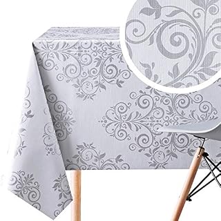 KP HOME Luxury Silver Grey PVC Table Cloth Wipe Clean Tablecloth Baroque - Wipeable Table cloth Rectangle Grey 250 x 140 cm - Orient Damask Embossed Jacquard Design - Plastic Table Covers Wipe Clean