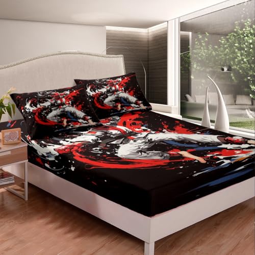 Taekwondo Fitted Sheet Twin Size Watercolor Bedding Set Kungfu Sheet Set,Japanese Sports Bed Cover Ultra Soft Breathable Bedding 2 Pcs for Kids Teens Boys