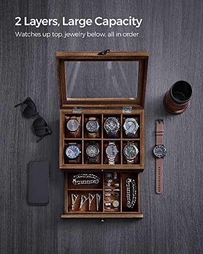 SONGMICS 8-Slot Watch Box, 2-Tier Watch Display Case with Large Glass Lid, Removable Watch Pillows, Velvet Lining, Jewelry Box, Gift Idea, Rustic Walnut UJOW008K013
