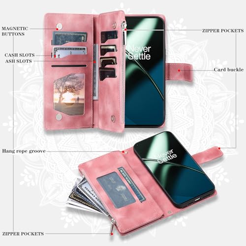 Asuwish Phone Case for OnePlus 11 5G Wallet Cover With Tempered Glass Screen Protector and Wrist Strap Mandala Flower Leather Flip Zipper Card Holder Cell One Plus11 1 Plus 1plus11 One+ 1+ Rose Gold - Image 2