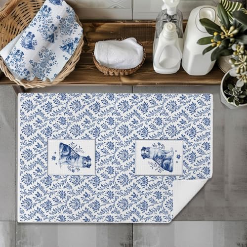 Image of Chinoiserie Australian Shepherd Kitchen & Hand Towels Set of 2, Blue and White Floral Dog Dish & Tea Towels for Kitchen Bathroom Decor, Vintage Toile Dog Lover Gifts for Women 16x24 Inch