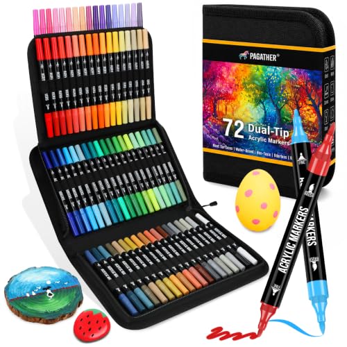 Pagather Acrylic Paint Markers, 72 Colors Dual Tip Fine & Brush Pens Set