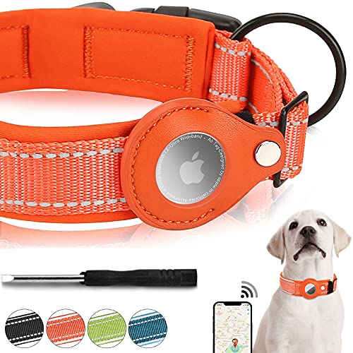 Reflective Airtag Dog Collar, FEEYAR Padded Apple Air Tag Dog Collar, Heavy Duty Dog Collar with Airtag Holder Case, Adjustable Air Tag Accessories Pet Collar for Medium Large Dogs, Size L