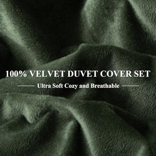 Ivellow Velvet Duvet Cover King Set Dark Green Comforter Cover 3Pcs Ultra Soft Cover Breathable Solid Luxury Flannel Velour Duvet Cover Zipper Closure Corner Tie