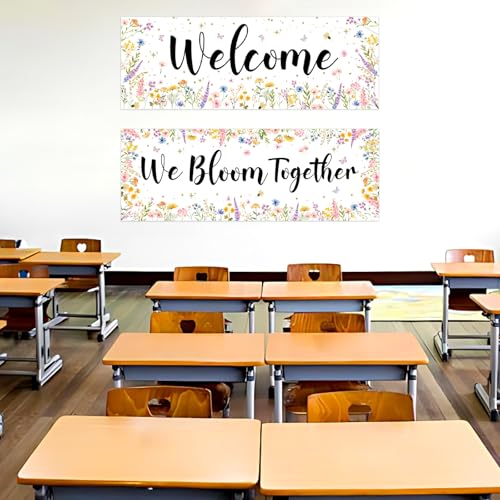 Image of 2Pcs Wildflower Motivational Posters Floral Welcome Banners for Classroom, We Bloom Together Positive Affirmations Posters Middle High School Teacher Students Flower Theme Growth Mindset Signs