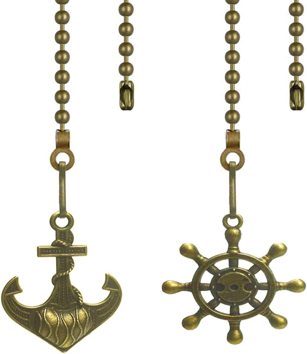 2-Pack Ceiling Fan Pull Chain Extender with Decorative Anchor & Wheel Design - 12Inch Rust-Resistant Metal Chain Pulls, Ball Connector for Fan/Light Fixtures (Bronze)
