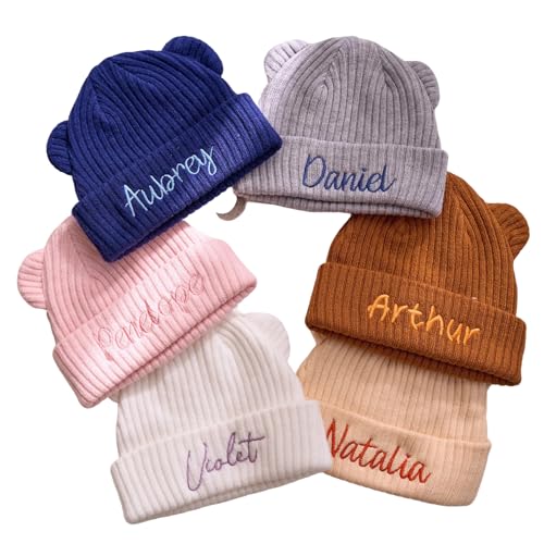 Custom Baby Beanie 0-2 Years Old Personalized Embroidered Newborn Baby Cotton Bear Beanie Gloves for Boys Girls Soft Toddler Cap Baby Shower Gift Newborn Gift