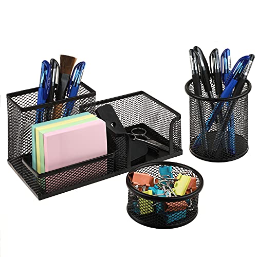 IOUGDSEC 3pcs Rangement Bureau Organisateur Métal Grillagé Organiseur de Bureau, Pot a Crayon, Accessoire Bureau, Porte Stylo, Multifonction Fourniture Bureau Pour la Maison D'école de Bureau