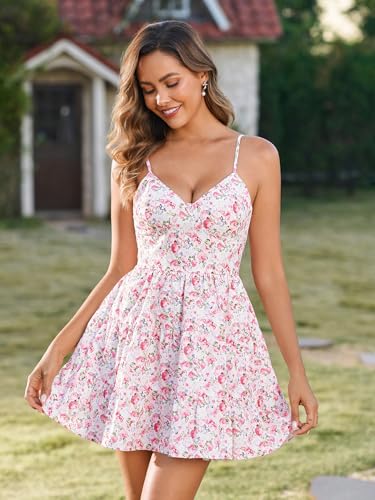 Image of HTZMO Women Summer Floral Mini Sundress Bow Tie Short Dress | V Neck Backless Ruffle A Line Flowy Cute Dresses, Boho Beach Casual Vacation Homecoming Graduation 2026