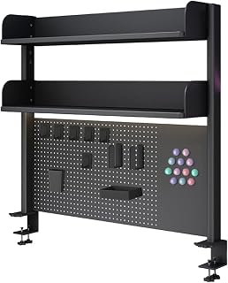 Clamp on Desk Shelf with Pegboard, Black Desktop Organizer Bookshelf Storage Shelves for Home Office Dorm Gaming Desk, Space Saving Tabletop Display Rack Organization, 31.5x37.5in