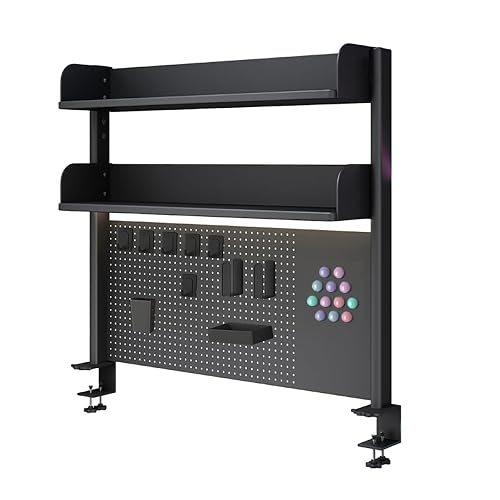 OXBZKMY Clamp on Desk Shelf with Pegboard, Black Desktop Organization Bookshelf Storage Shelves for Home Office Dorm Gaming Desk, Space Saving Tabletop Display Rack (Black, 39.5(W) x37.5in(H))