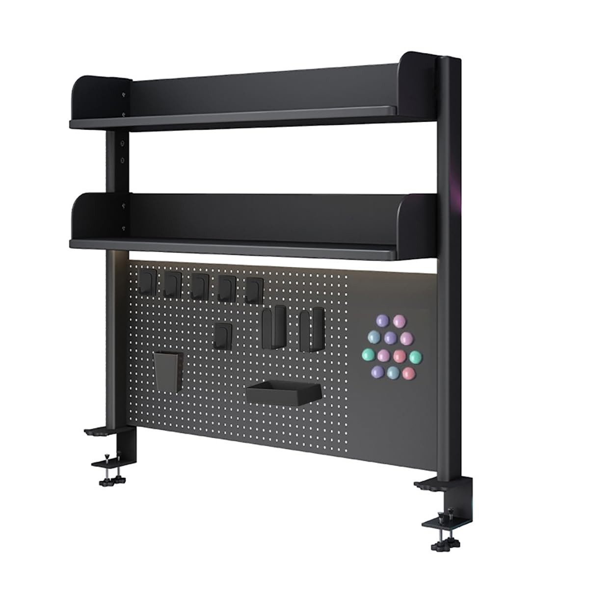 OXBZKMY Clamp on Desk Shelf with Pegboard, Black Desktop Organization Bookshelf Storage Shelves for Home Office Dorm Gaming Desk, Space Saving