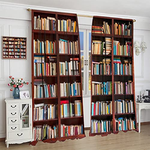 Vintage Book Curtains, Library Book Shelves Wooden Bookcases Vintage Pattern Print Curtains Curtain 2 Panel Set Used For Room Shading And Sun Protection Decorative Curtains 42X45 Inch #TOP3