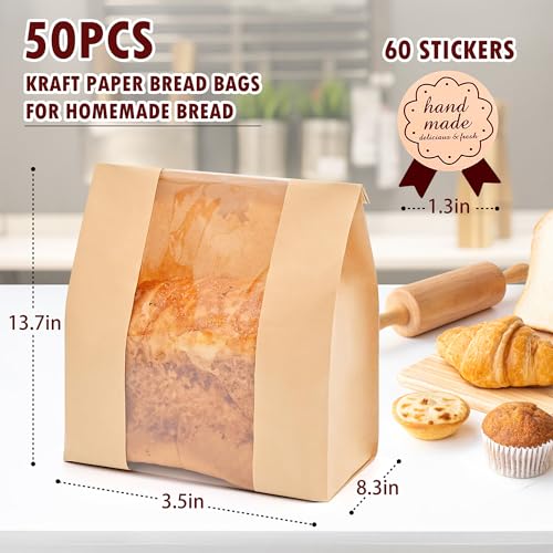 Sysmashing Bread Packaging Bags 50pcs, Homemade Storage with Clear Window, Bakery Bags for Cookies & Treats, Kraft Paper 13.7x8.2x3.5inch Brown