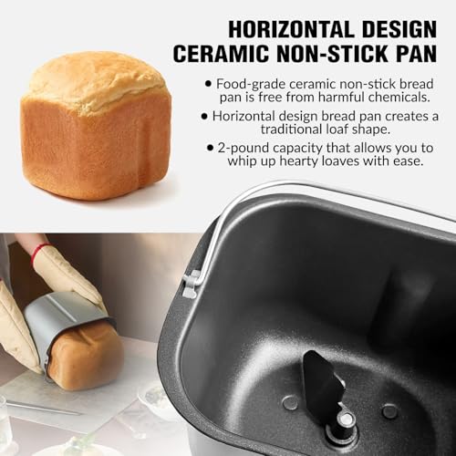 Bread Maker Machine with Ceramic Nonstick Pan, 19 Menus, 2 Pound Stainless Steel Breadmaker with Glass Touch Panel, Gluten Free, Sourdough Starter, Custom Setting, 3 Loaf Sizes & Crust Colors