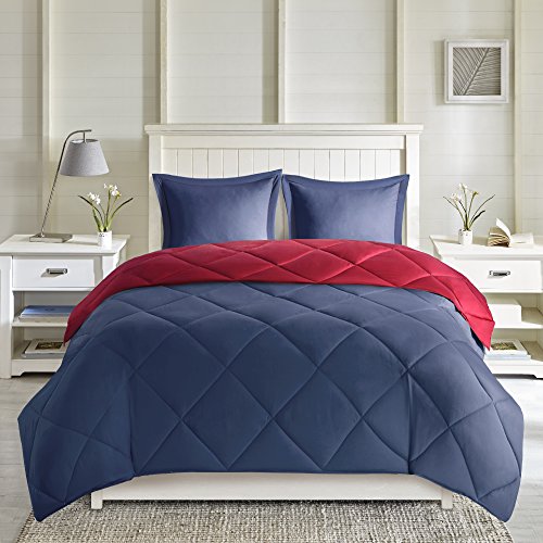 Image of Madison Park Larkspur All Season Reversible Two Sides Down Alternative Comforter Set 3M Stain Release Comforters, King, Red /Navy