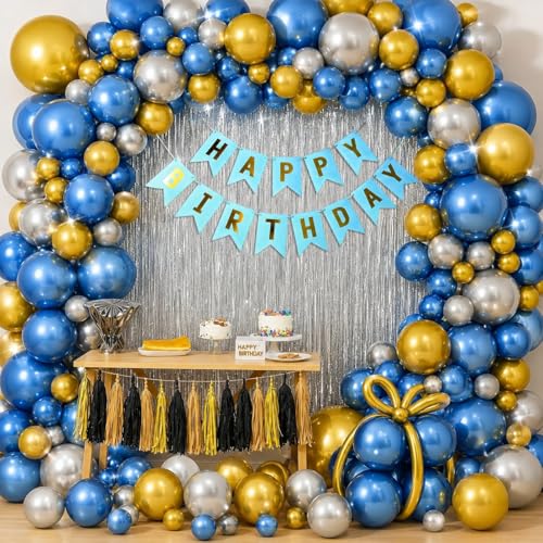 Image of Party Propz Happy Birthday Decoration Kit - 53 Pcs Birthday Decoration Items For Boys With Silver Foil Curtain,Happy Birthday Banner(Cardstock) With Ribbon,Multicolour Metallic Balloons