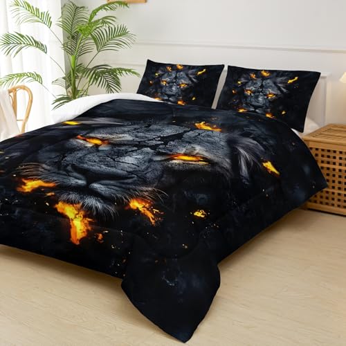 Image of Black & Gold Queen Comforter Set Lion,Lion Queen Size Bedding Set,with 1 Comforter with 2 Pillow Case,Animal Bedroom Decor for Boys Kids Man