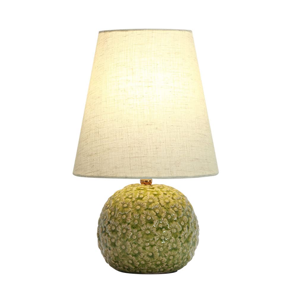 SGKOMN Vintage Table Lamps For Bedrooms, Retro Bedside Lamp For Living Room, Handcrafted Green Ceramic Nightstand Lamp With Oatmeal Linen Shade-A