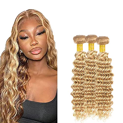 P27/613 Ombre Highlight Bundles Honey Blonde Deep Wave Bundles Human Hair 16 18 20 Inch Unprocessed Brazilian Virgin Hair P27/613 Blonde Deep Wave Bundles Weave Extensions Hair For Women