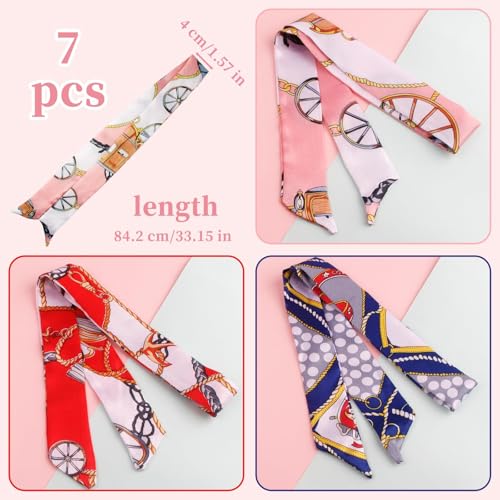 7PCS Women Head Neckerchief Purse Scar, Band Narrow Scarf Ribbon Satin Scarfs, Women Handbag Scarf for Woman Wrap Fashion Gifts, Woman Head Neckerchiefing Purse/ Neckerchief Scarfs (Mixed Styles)3