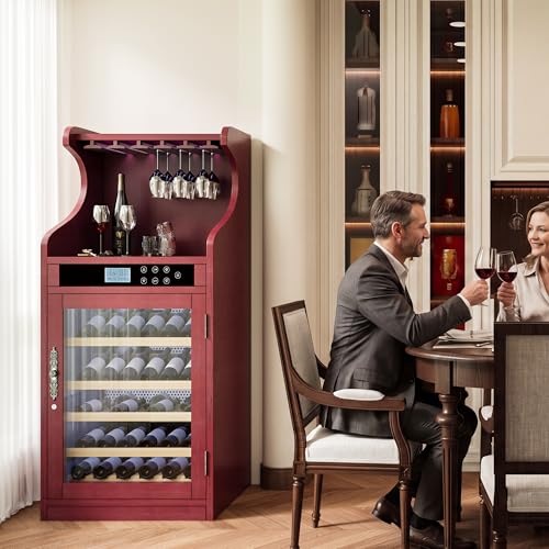 Image of KEIKI 43 Bottle Wine Refrigerator, Freestanding Single Zone Wine Cooler with Humidity Control, Tempered Glass Door, LED Lighting, Lockable Wood Cabinet, Low Noise for Connoisseurs, Cherry