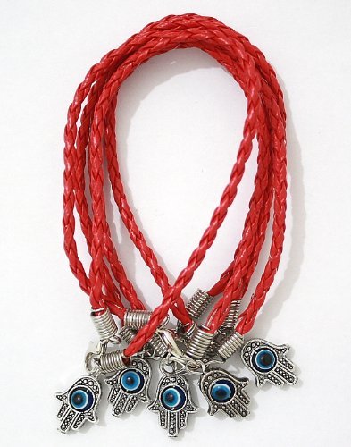 5 - "Lucky" HAMSA Kabbalah Bracelets with Red Braided String and Rotating "Evil Eye" Hamsa Hand - Jewish Judaica Amulet Pendant Jewelry