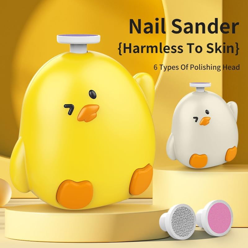 DW Baby Electric Nail Buffer, 6 Polishing Heads, Silent Operation, Skin-Safe Design, Yellow Duck Shape