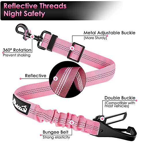 Slowton Dog Seat Belt, Adjustable Dog Safety Belt Leash, 2 In 1 Latch Bar Attachment Dog Car Seatbelt With Elastic Nylon Bungee Buffer, Reflective Nylon Belt Tether Connect To Dog Harness (Pink) #TOP3