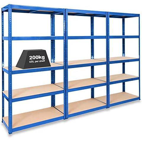 Pack of 3 Extra Deep STORALEX® Garage Racking Units - Blue 600mm Deep Garage Shelving 5 Tier Shelf Unit - Sturdy Metal & MDF Construction Cover