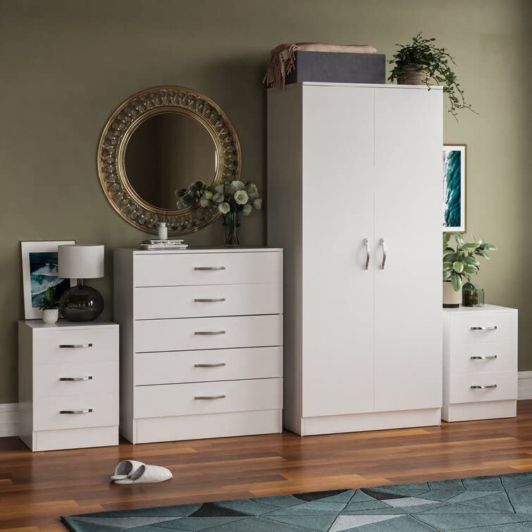 Vida Designs Riano 4 Piece Bedroom Sets, 2 x 3 Drawer Bedside Cabinets, 5 Drawer Chest of Drawer & 2 Door Wardrobe (White)