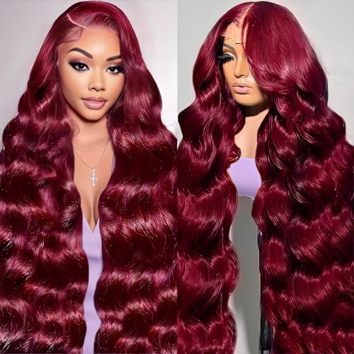 AYMMOLI 28 Inch 99j Burgundy Lace Front Wigs Human Hair