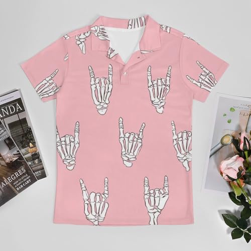 Boys' Classic Polo Shirts Short Sleeve Moisture-Wicking Golf & Tennis Shirts for Youth Teens Cute Pink Gesture3