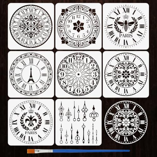 FINGERINSPIRE 8PCS Clock Painting Stencils with a Brush 11.8x11.8inch Clock Face Hands Stencil Vintage Clocks Drawing Template Digital Roman Numeral Wall Clock Stencils for Home Wall Decor Craft