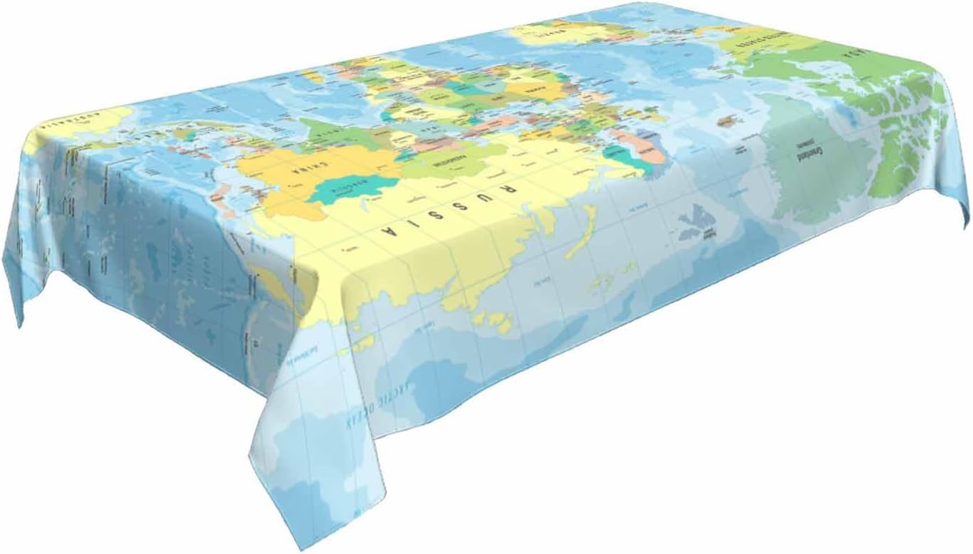 Tovaglia Antimacchia 300x140 cm Rettangolare Mappa Del Mondo Tovaglie Impermeabile 3 Metri Copritavolo Poliestere Protezione Tavolo Oceano Blu, per Feste (12-14 Posti) a-4258