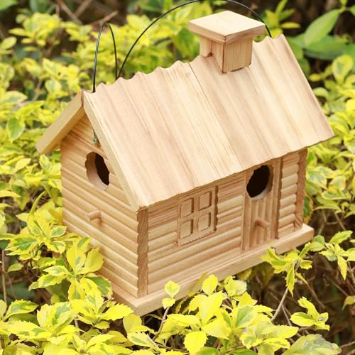 Starswr Bird House Outside,Outdoor Bird Houses, Natural Wooden Bird Hut Clearance 2 Hole Bluebird Finch Cardinals 2 Rooms Hanging Birdhouse For Garden Viewing thumb #2