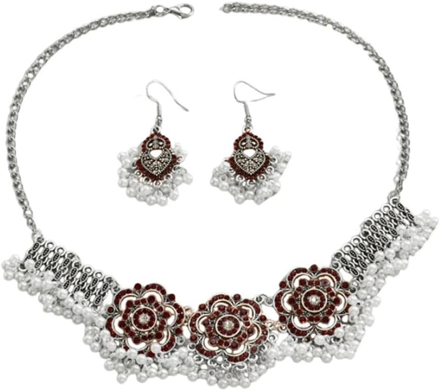 OIDIMS Fashion Flower Bohemian Crystal Jewellery Set Drop Dangle Earring Red Rhinestone Statement Necklace Bollywood Traditional Tassel Chunky Boho Retro Ethnic Tribal Charm Pendant Antique for Women