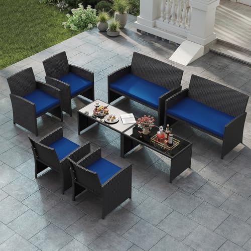 Image of Tangkula 8 Piece Patio Wicker Furniture Set, Outdoor Heavy Duty Rattan Cushioned Chairs, Loveseat and Tempered Glass Coffee Table, for Backyard, Balcony, Poolside