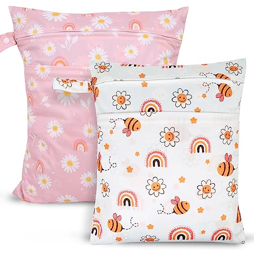 Image of SANFERGE 2pcs Travel Waterproof Laundry Bag, Cloth Diaper Wet Dry Bags with Handle & 2 Zipper Pockets, Reusable Washable Dirty Clothes Bag for Baby Adult Travelling Hanging, Bathing Beach Pool Daycare